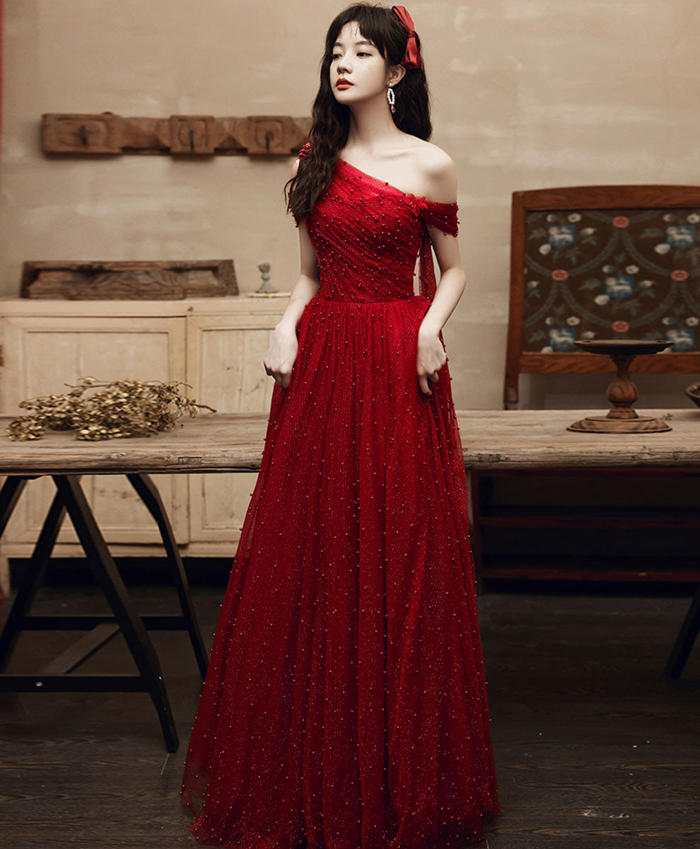 Burgundy One Shoulder Long Prom Dress, Burgundy Formal Graduation Dres – shopluu