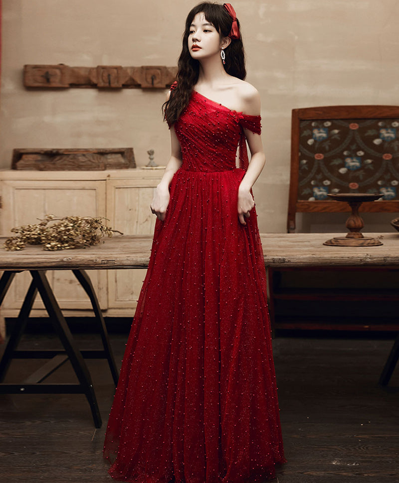 Burgundy One Shoulder Long Prom Dress, Burgundy Formal Graduation Dres shopluu Burgundy One Shoulder Long Prom Dress, Burgundy Formal Graduation Dres shopluu