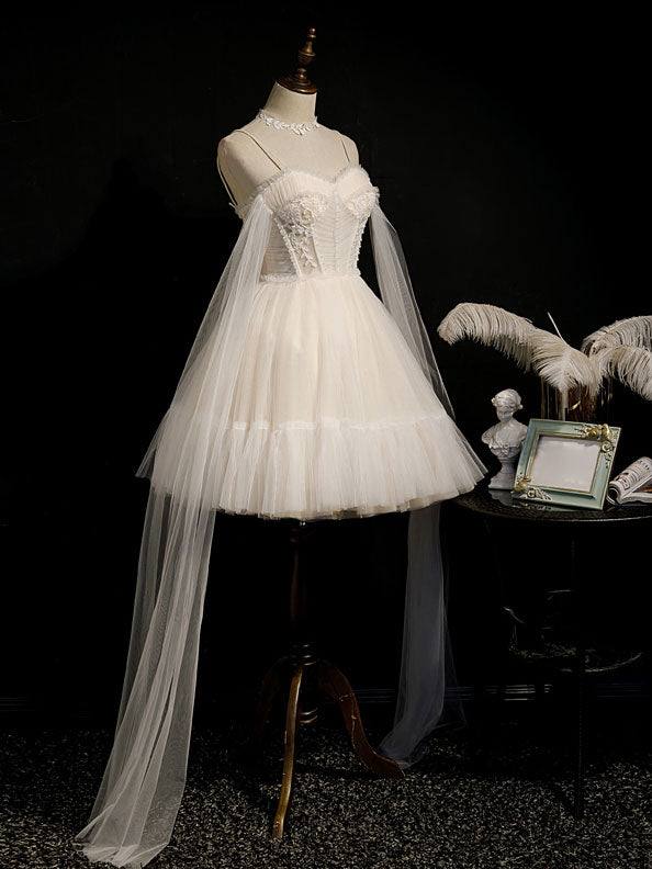 Light Champagne Tulle Short Prom Dress, Puffy Tulle Lace Homecoming Dress