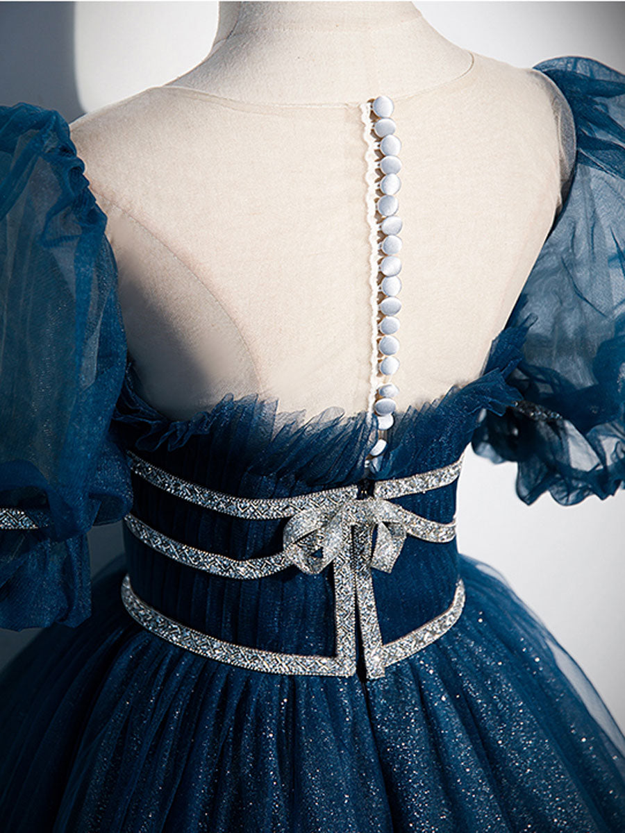 Blue Tulle Off Shoulder Long Prom Dress, Blue Tulle Formal Dress