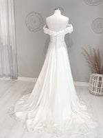 White Off Shoulder Flowers Long Wedding Dress, White Beach Wedding Dress