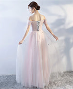 Pink Off Shoulder Tulle Lace Applique Long Prom Dress, Pink Evening Dress