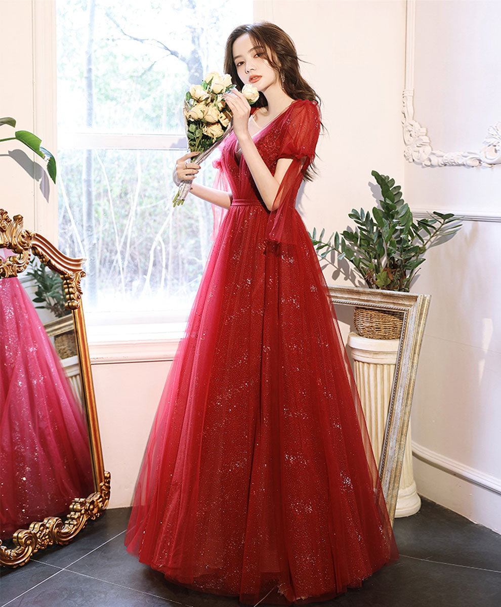 Burgundy V Neck Tulle Lace Long Prom Dress Burgundy Formal Dress