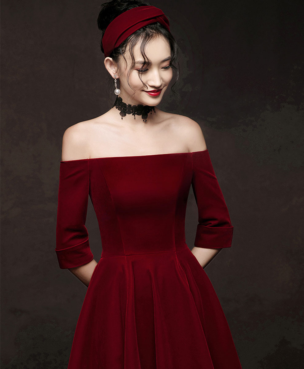 Simple Burgundy Short Prom Dress, Velvet Burgundy Homecoming Dress
