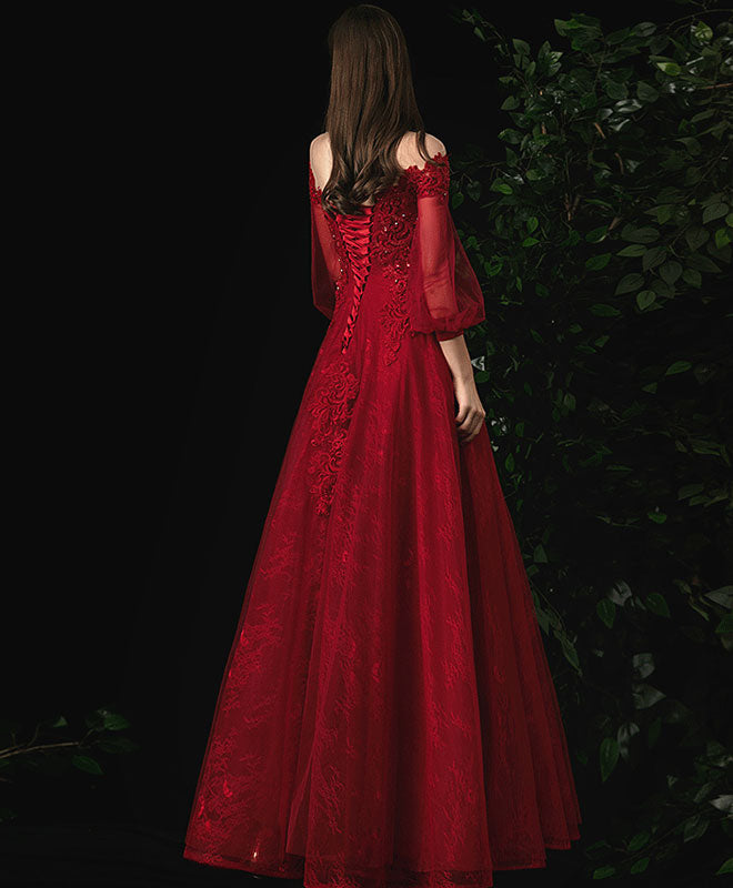 Burgundy Round Neck Tulle Lace Prom Dress, Burgundy Evening Dress
