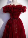 Burgundy Tulle Off Shoulder Long Prom Dress, Burgundy Evening Dress
