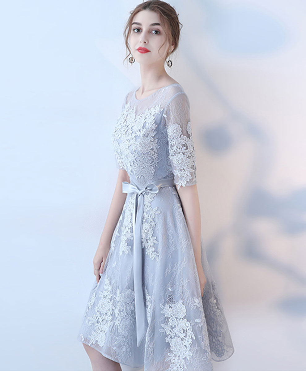Gray Round Neck Tulle Lace Short Prom Dress Gray Homecoming Dress