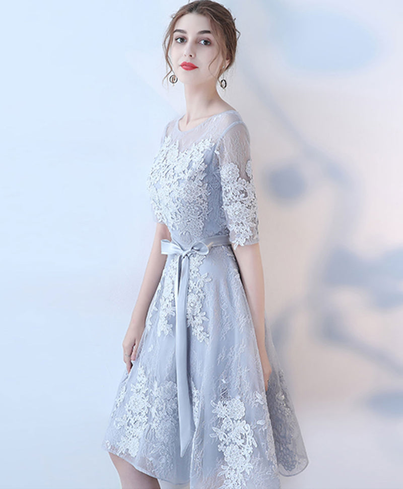 Gray Round Neck Tulle Lace Short Prom Dress Gray Homecoming Dress – shopluu