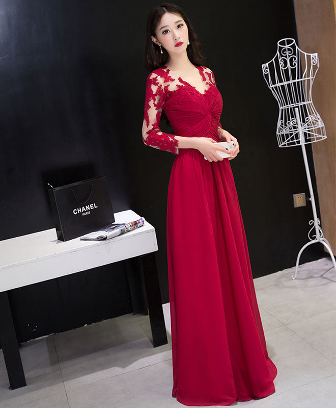Burgundy Chiffon Lace Long Prom Dress, Bridesmaid Dress