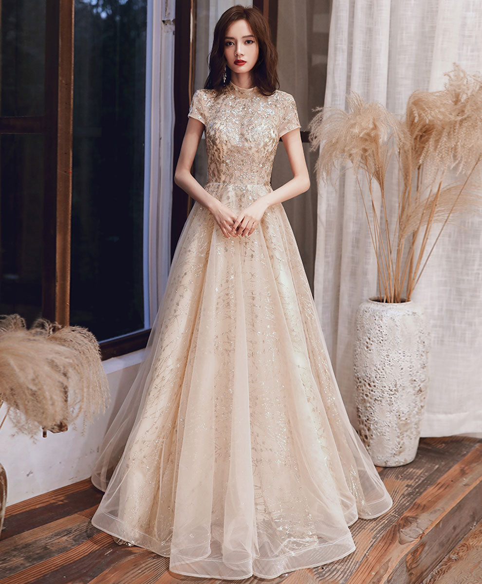 Champagne High Neck Tulle Sequin Long Prom Dress Formal Dress – shopluu