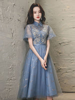 Blue Tulle Lace Short Prom Dress, Blue Tulle Puffy Homecoming Dress