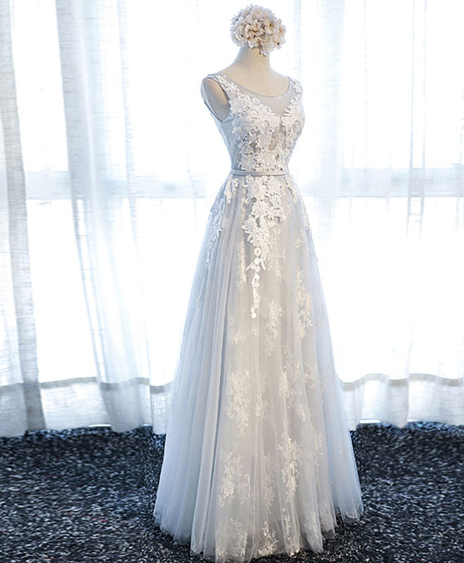 Gray Round Neck Tulle Lace Applique Long Prom Dress