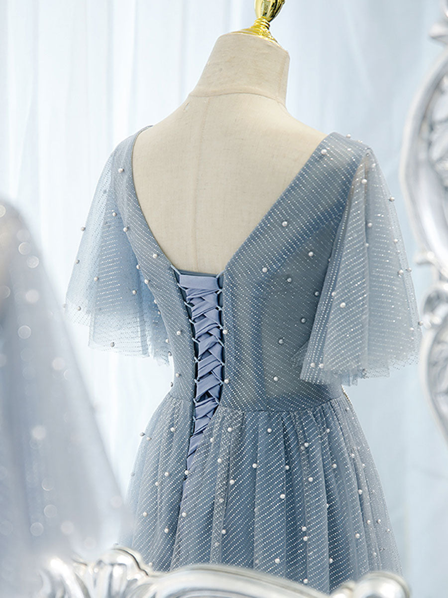 Blue V Neck Tulle Beads Long Prom Dress, Blue Tulle Formal Dress