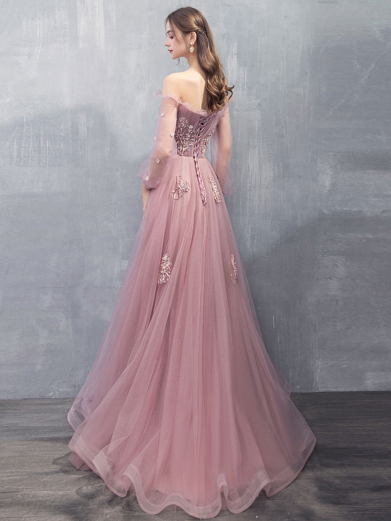 Pink A-line Tulle Lace Long Prom Dress Pink Lace Evening Dress