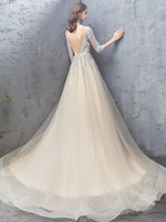 Champagne Round Neck Tulle Lace Long Prom Dress Lace Evening Dress