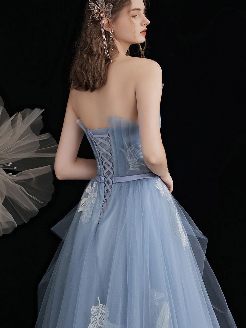 Blue Tulle Lace Tea Length Prom Dress, Lace Tulle Formal Dress