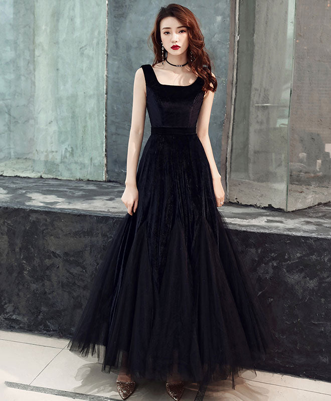 Simple Black Tulle Prom Dress, Black Velvet Tulle Formal Dress