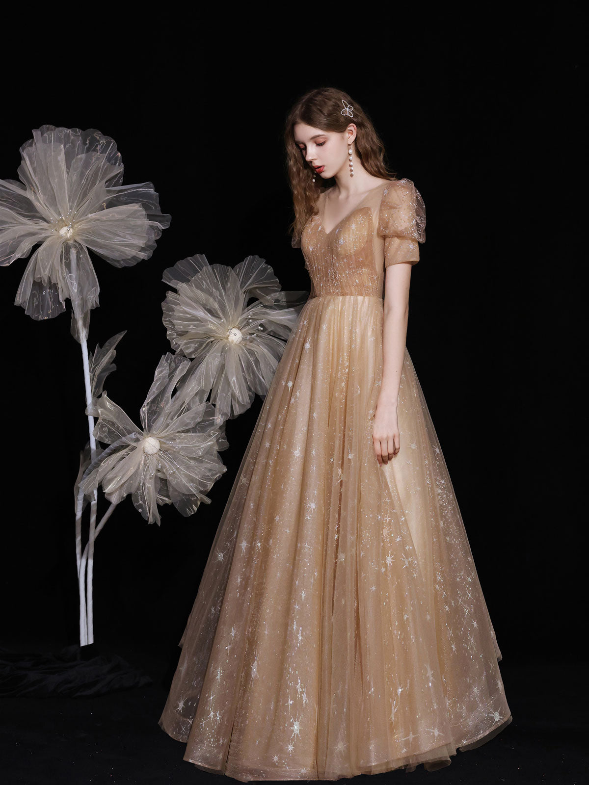 Champagne V Neck Tulle Long Prom Dress, Champagne Evening Dress