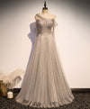 Gray Tulle One Shoulder Long Prom Dress, Gray Formal Graduation Dresses with Beading