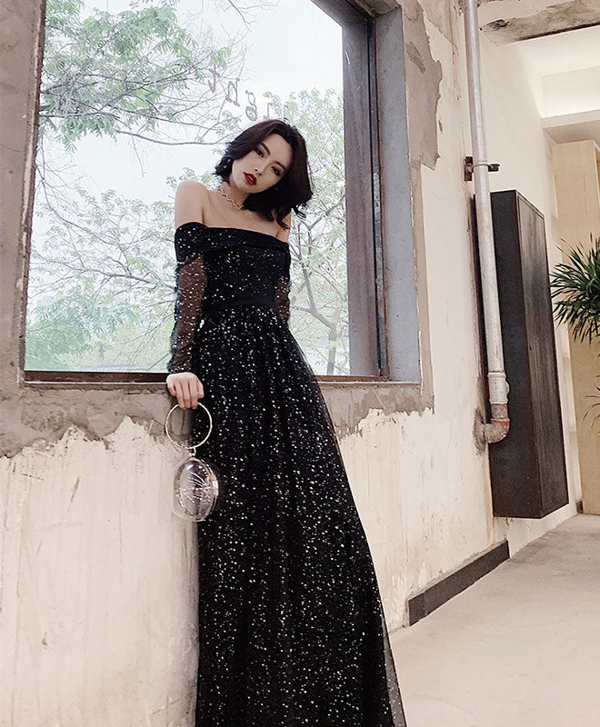 Black Tulle Long Prom Dress, Shiny Black Tulle Evening Dress US 2 / Black