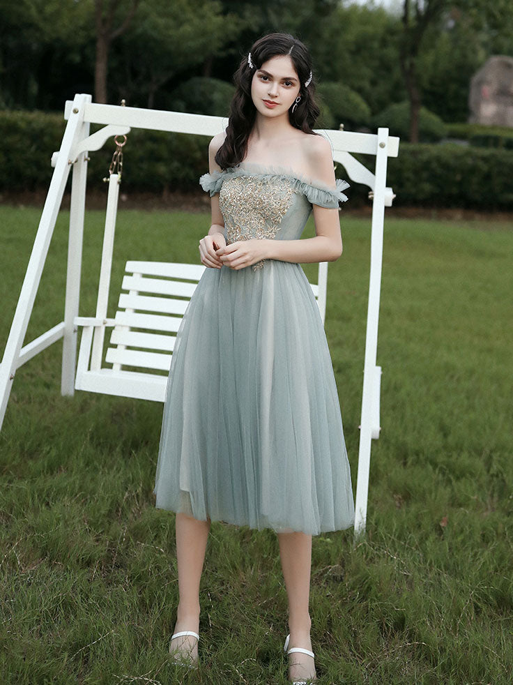 Gray Green Tulle Lace Short Prom Dresses, Gray Tulle Bridesmaid