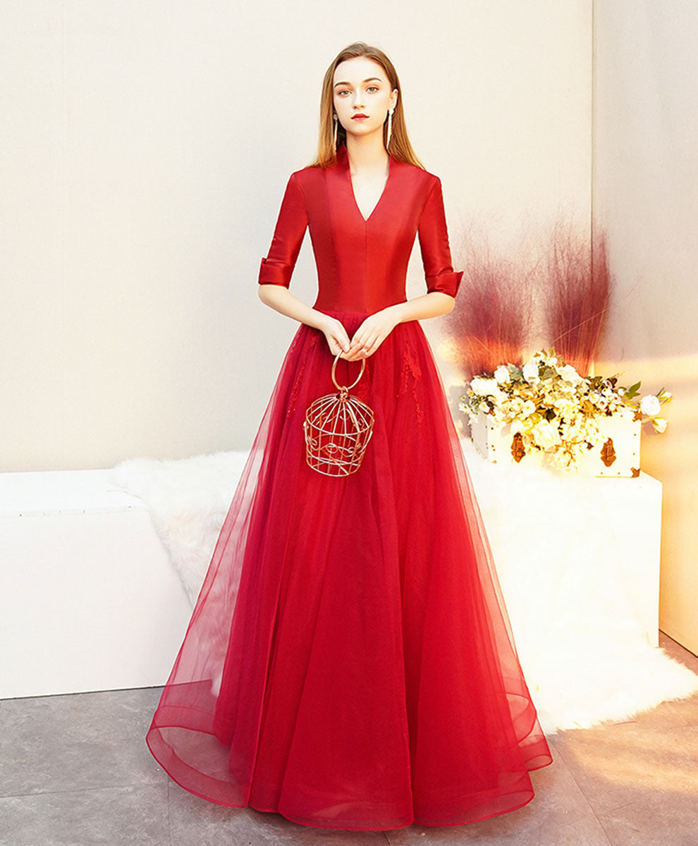 Red V Neck Satin Long Prom Dress, Red Tulle Formal Dress