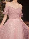 Pink Sweetheart Tulle Tea Length Prom Dress, Pink Formal Dress