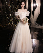 Champagne Long Prom Dress, A line Tulle Formal Graduation Dress with Butterfly