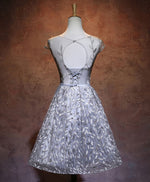 Gray Round Neck Lace Short Prom Dress,Cute Homecoming Dress