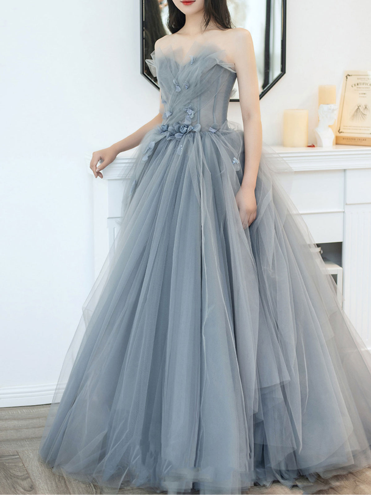 Gray Long Prom Dress, Gray Tulle Ball Gown Formal Dresses