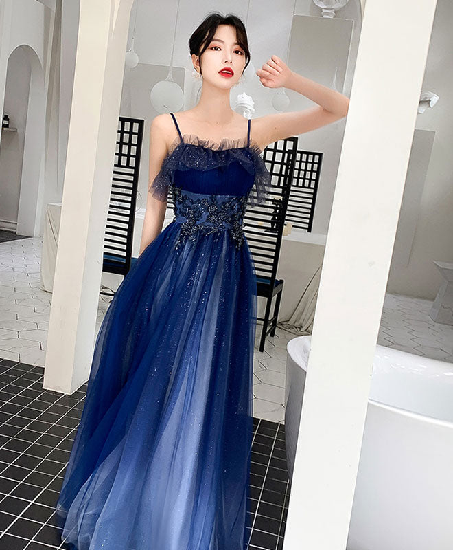 Blue Sweetheart Tulle Lace Long Prom Dress Blue Tulle Formal Dress