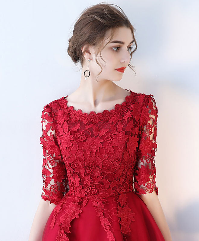 Burgundy Lace Tulle Short Prom Dress, Burgundy Homecoming Dress