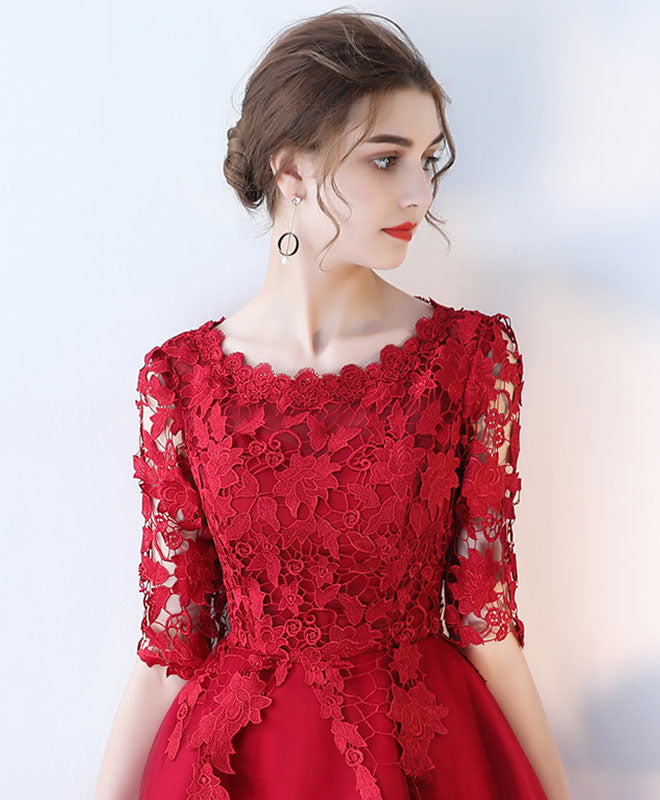 Burgundy Lace Tulle Short Prom Dress, Burgundy Homecoming Dress – shopluu