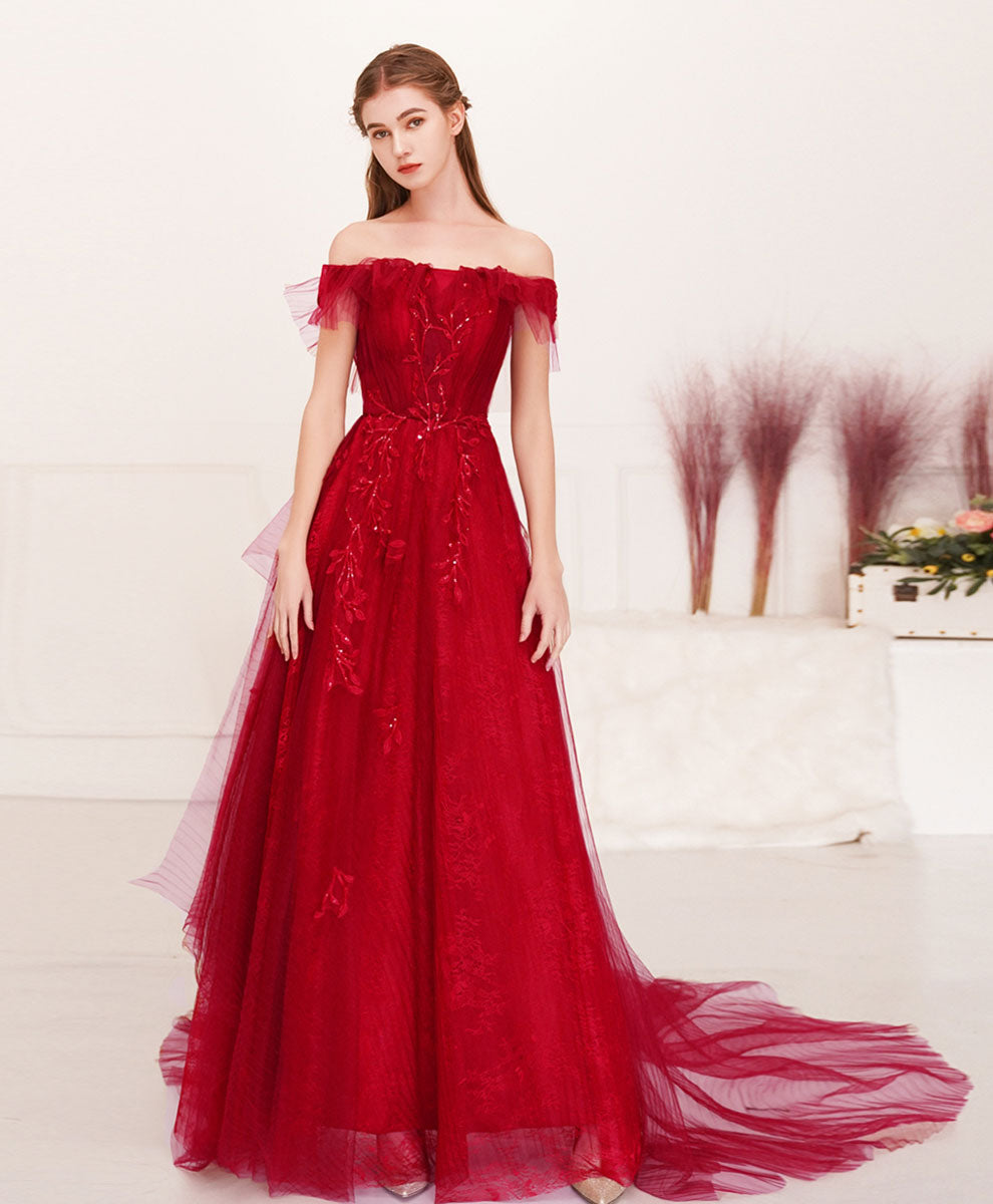 Burgundy Tulle Lace Long Prom Dress Burgundy Evening Dress
