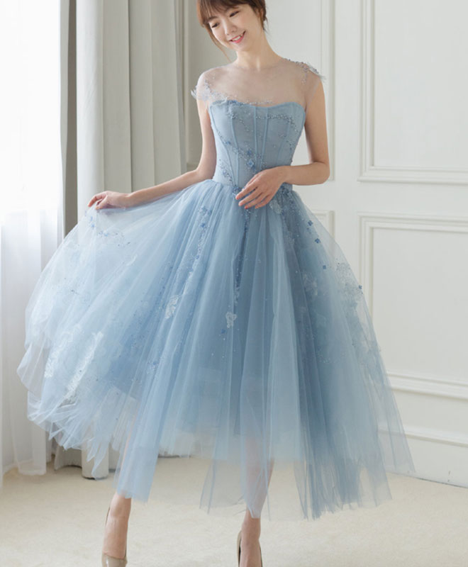 Blue Tulle Short Prom Dress, Blue Homecoming Dress with Lace Beading
