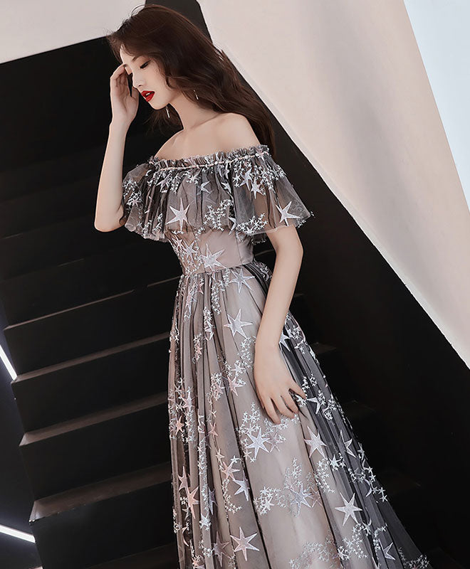 Gray Tulle Lace Long Evening Dress Gray Tulle Formal Dress