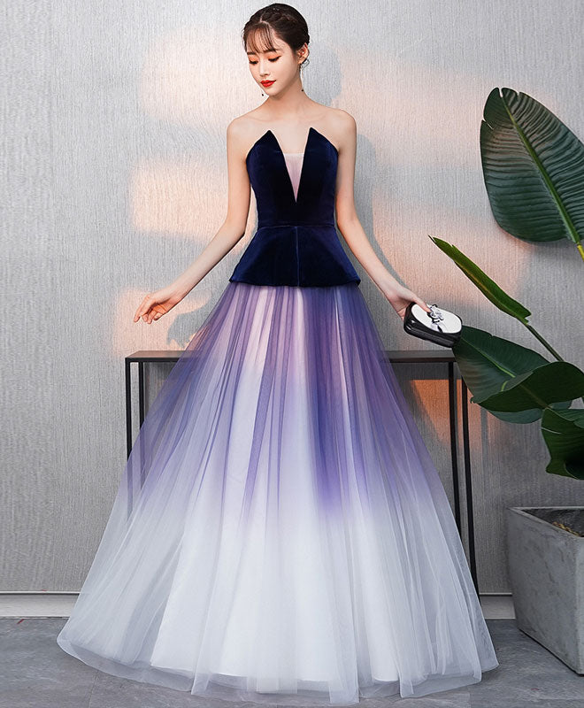 Simple V Neck Tulle Purple Long Prom Dress, Purple Evening Dress