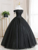 Black Tulle Off Shoulder Lace Long Prom Dress, Black Evening Dress