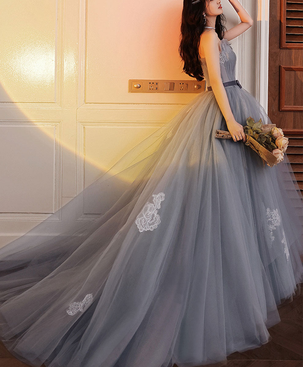 Gray Tulle Lace Long Prom Dress Gray Tulle Formal Dress