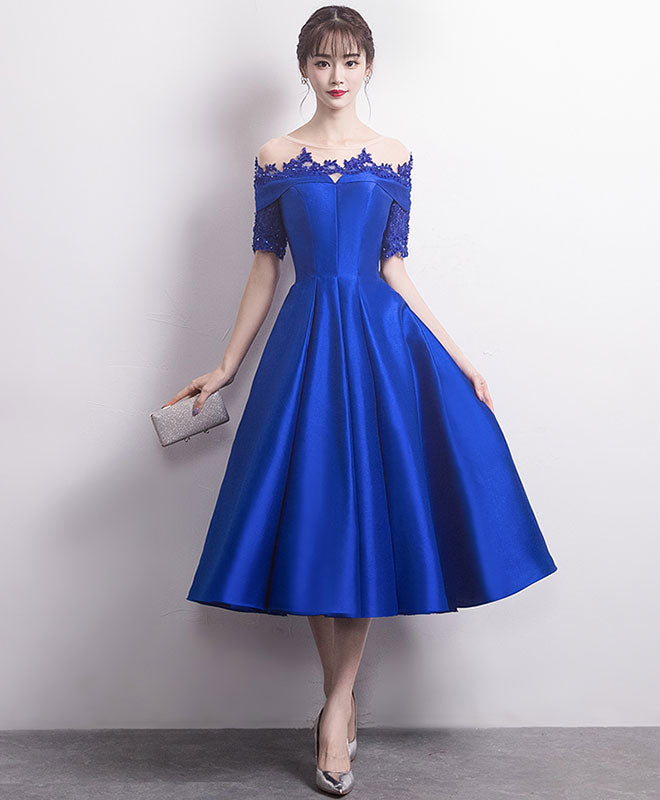 Blue Round Neck Satin Lace Prom Dress, Blue Bridesmaid Dress