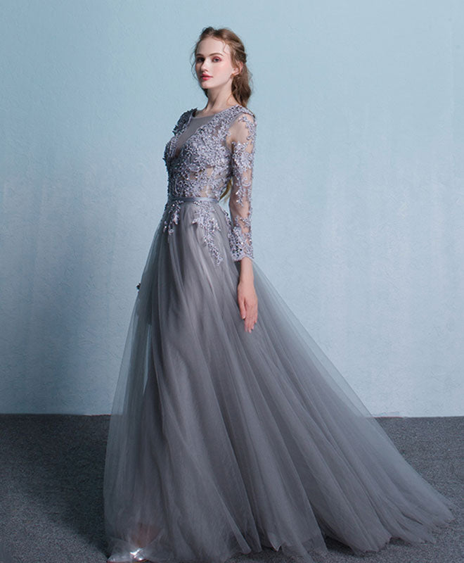 Gray Round Neck Lace Tulle Long Prom Dress, Gray Lace Evening Dress
