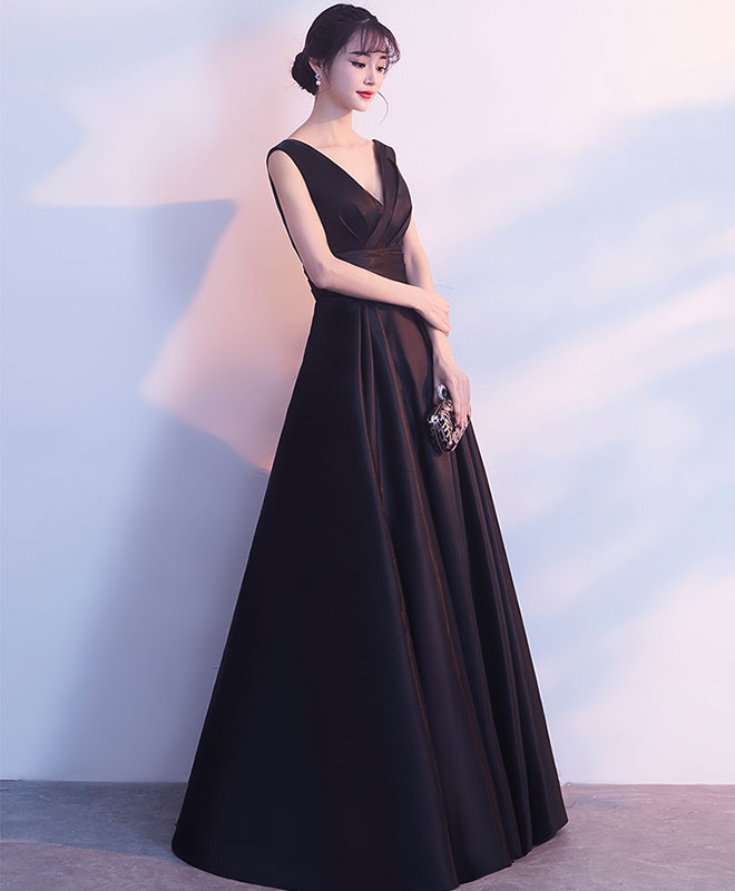 Simple Black V Neck Satin Long Prom Dress, Black Bridesmaid Dress