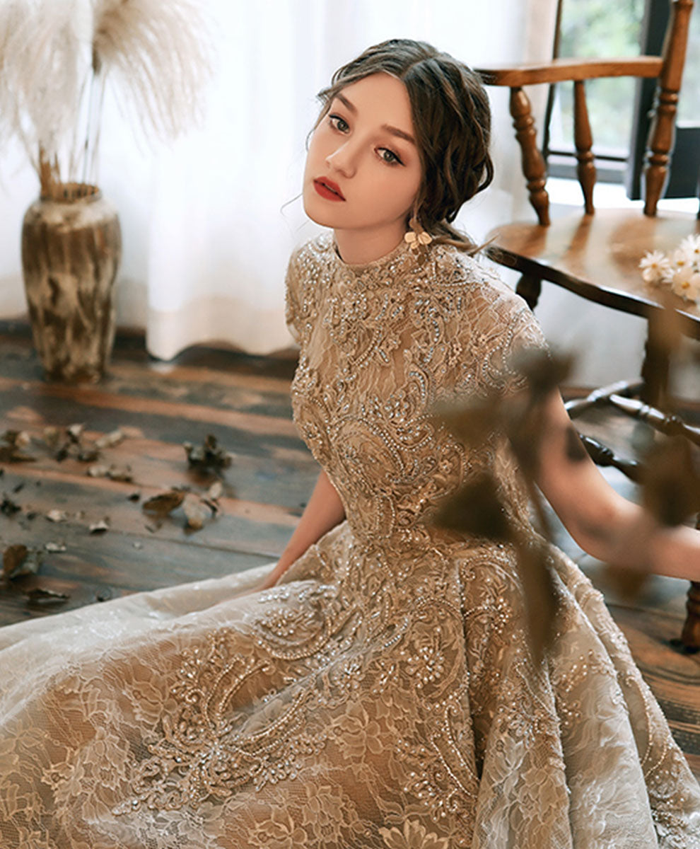 Champagne High Neck Lace Prom Dress, Champagne Lace Formal Dress
