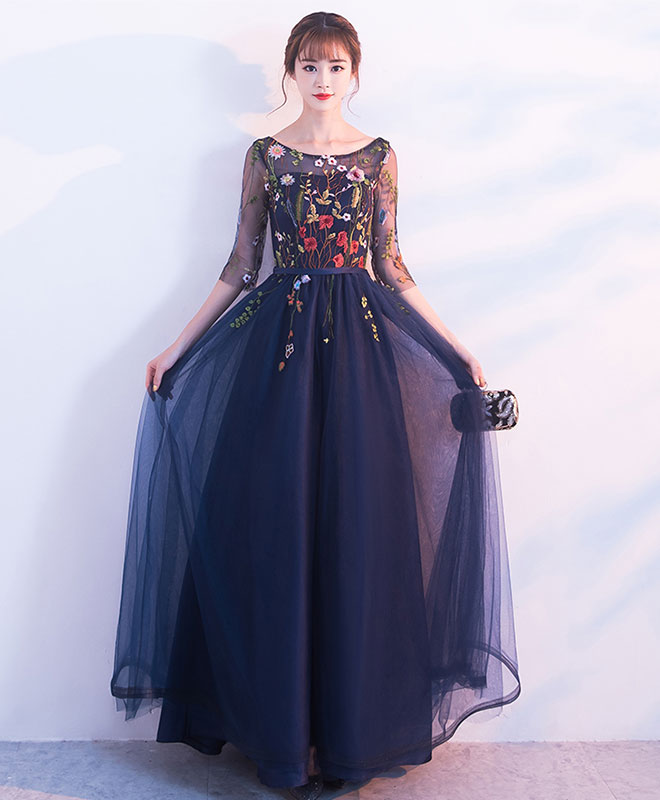 Dark Blue Tulle Lace Long Prom Dress, Blue Evening Dress