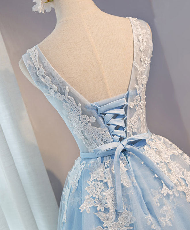 Blue V Neck Tulle Short Prom Dress, Blue Homecoming Dresses