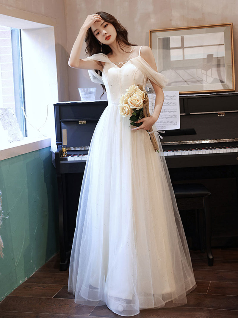 Simple White Off Shoulder Tulle Long Prom Dress, White Formal Dresses