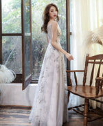 Gray Tulle Lace Long Prom Dress Gray Tulle Lace Formal Dress