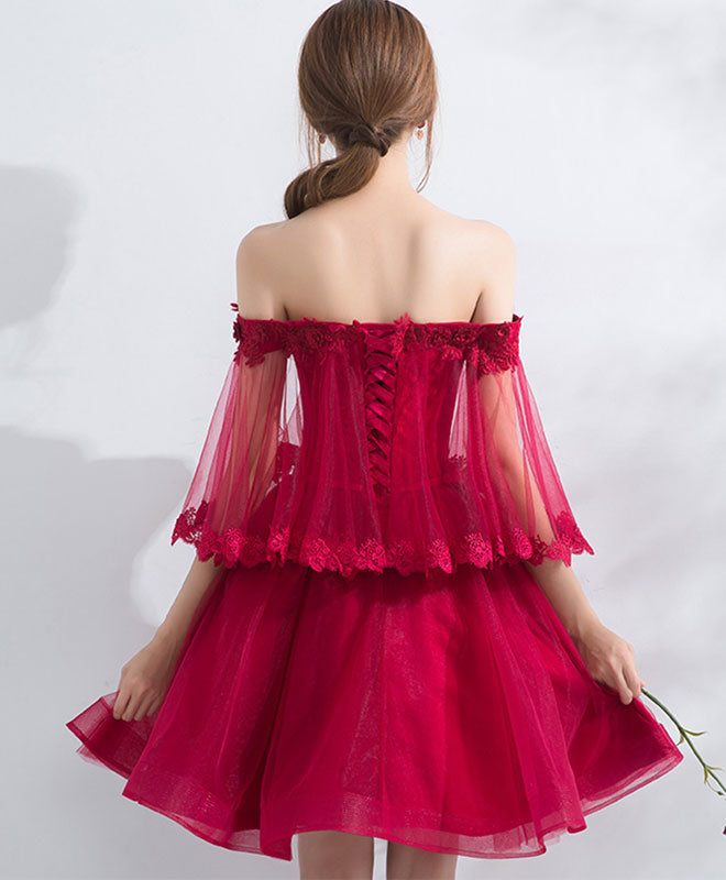 Burgundy Off Shoulder Tulle Lace Short Prom Dress, Burgundy Homecoming Dress