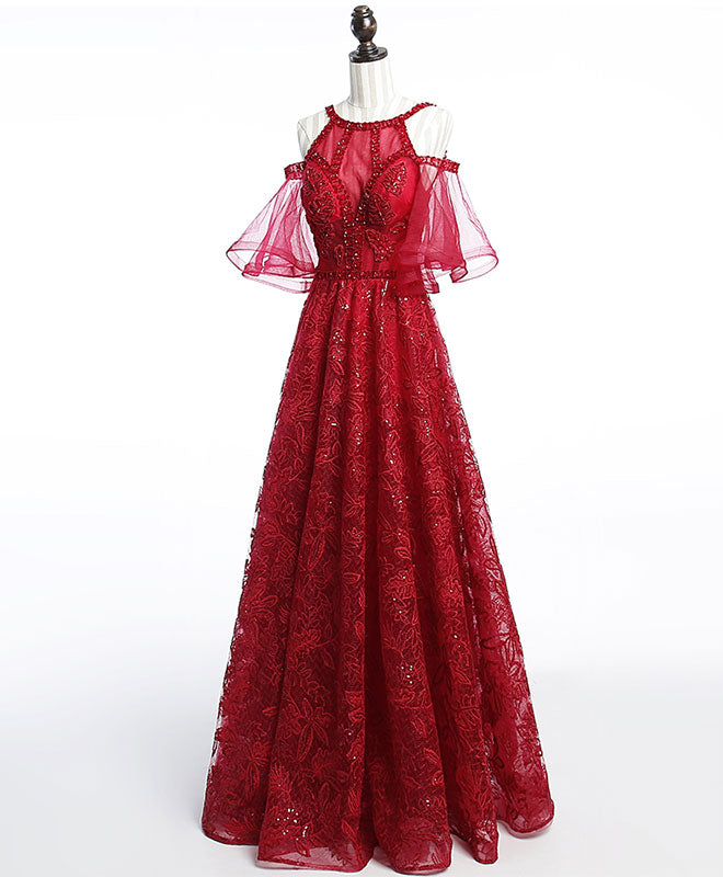 A-Line Off Shoulder Tulle Lace Burgundy Long Prom Dress, Evening Dress