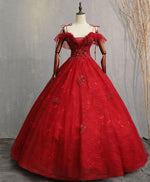 Burgundy Sweetheart Tulle Lace Long Prom Gown, Lace Formal Dress